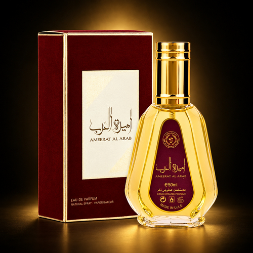 Ameerat Al Arab 50ml Eau de Parfum by Ard Al Zaafaran with bottle and box on a black and gold luxury background