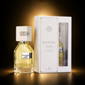 Saheb Intense 70ml Eau de Parfum by Ard Al Zaafaran with bottle and box on a black and gold background