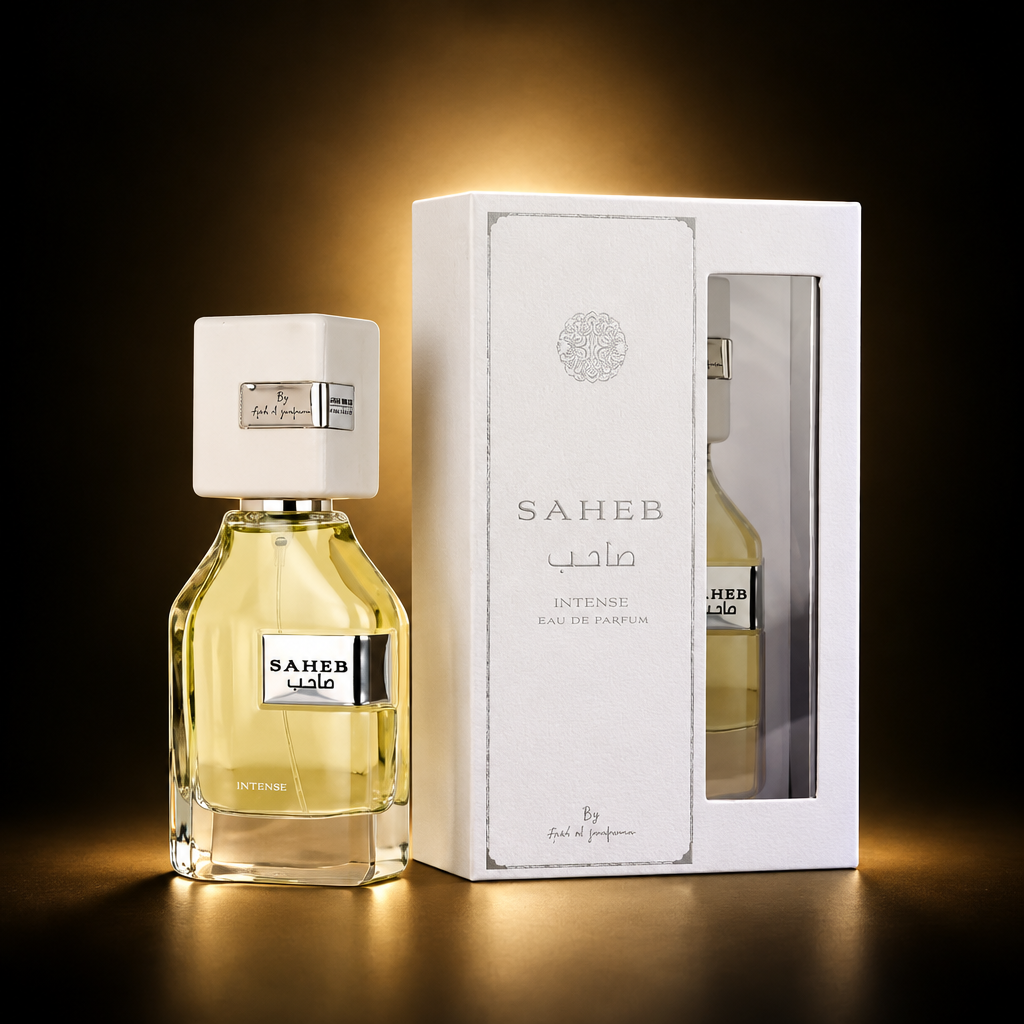Saheb Intense 70ml Eau de Parfum by Ard Al Zaafaran with bottle and box on a black and gold background