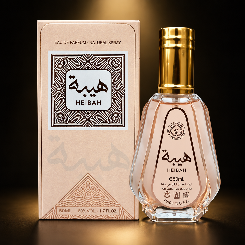 Heibah 50ml by Ard Al Zaafaran with original bottle and box in the Dubai Essence black-and-gold style
